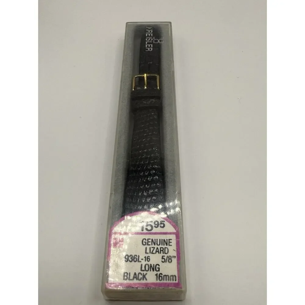 16mm KREISLER Genuine Lizard Black NOS Vintage Watch Band & Gold Buckle